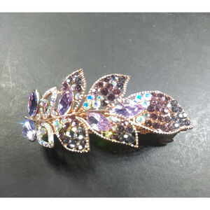 Hair Barrette Tension Clip Purple Blue Clear Rhinestone Rose Gold Tone